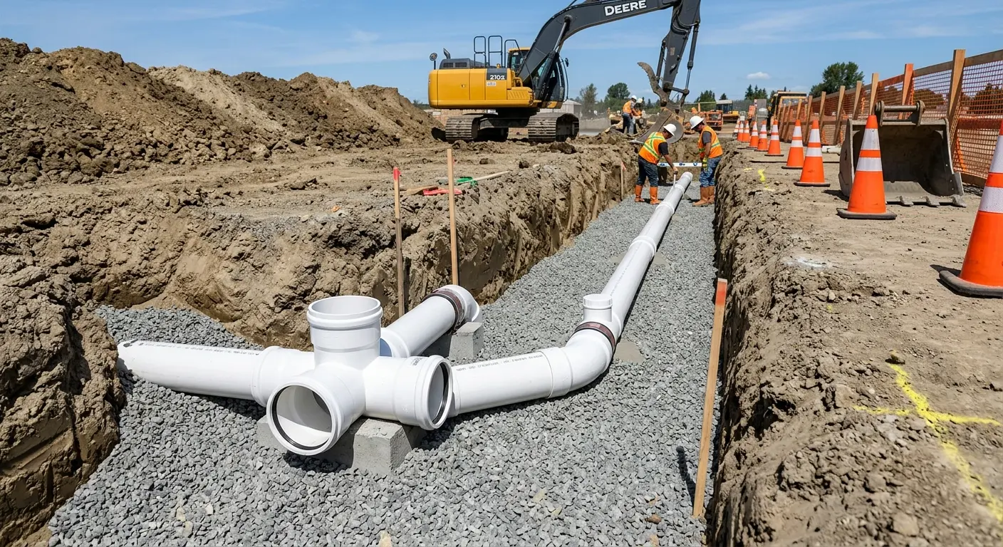 New PVC sewer pipe installation in open trench for Sewer Camera Inspection in Antioch