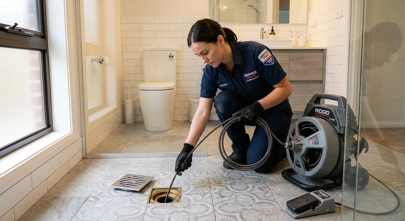 Technician clearing a bathroom floor drain for Drain Cleaning in Antioch